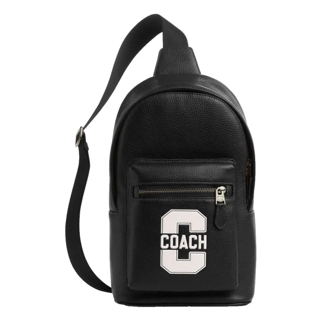 Coach CAJ60 West Pack with Varsity Motif Pebble Leather Backpack Black/chalk
