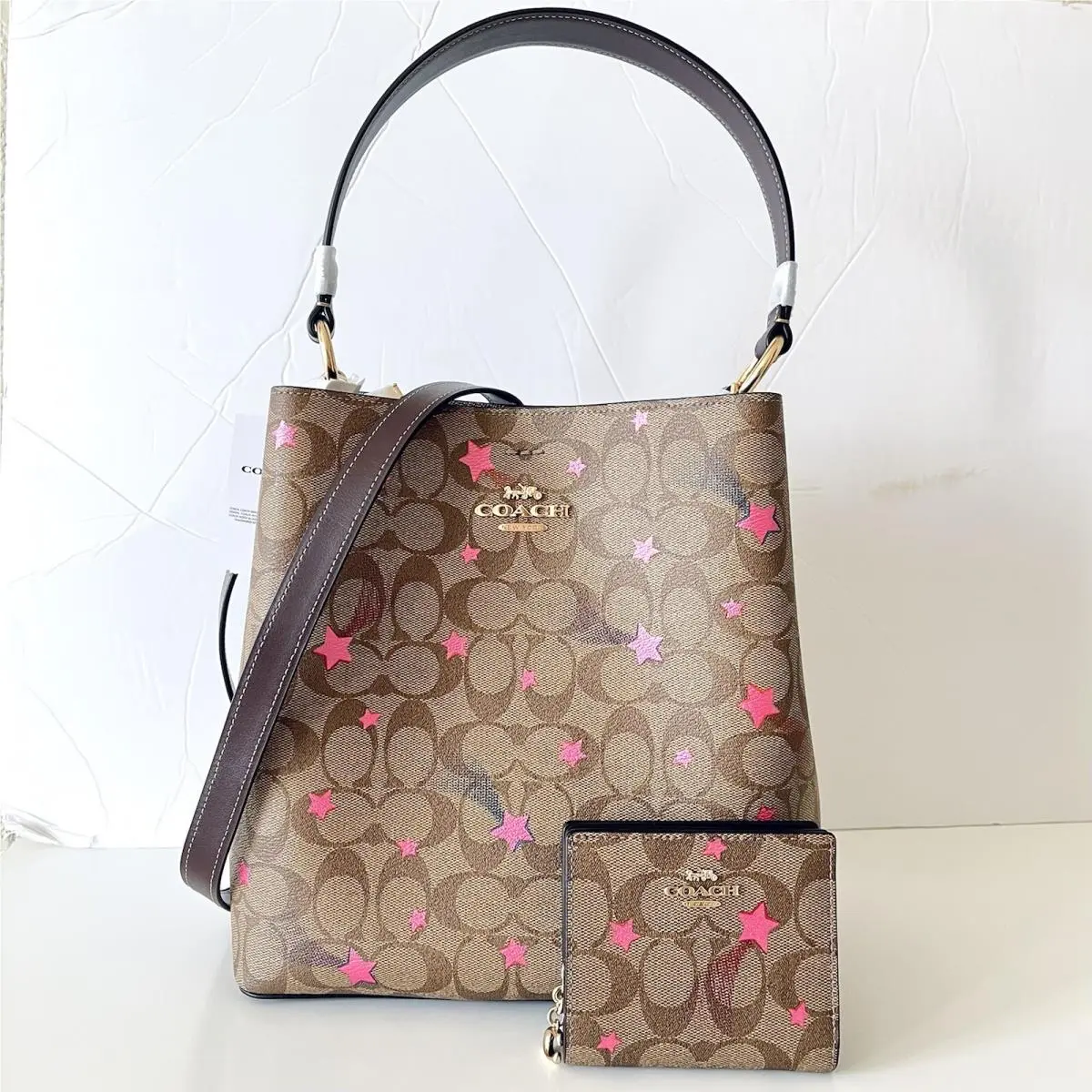Coach Town Bucket Bag Brown Signature Disco Star Purse Wallet Set