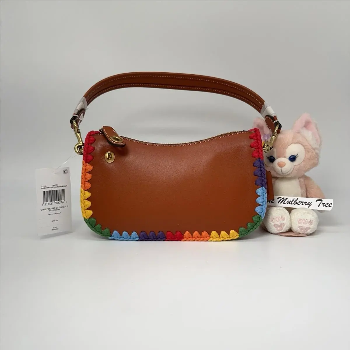 Coach Swinger Bag 20 with Rainbow Crochet Yarn Leather Handle Strap Zip Top