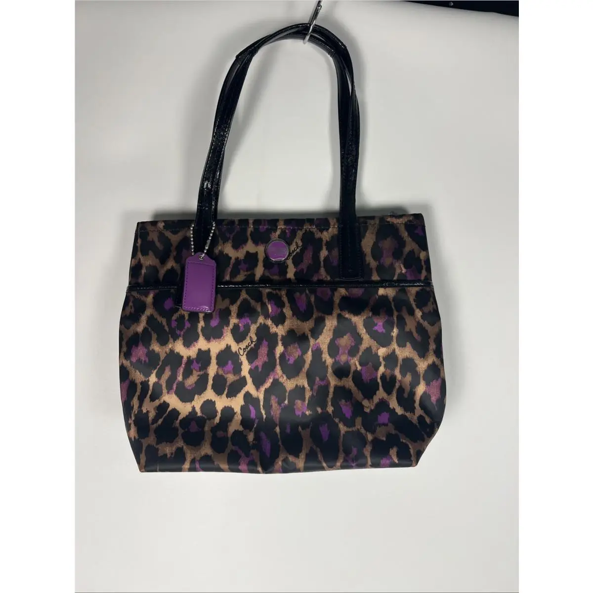 Coach Signature Stripe Ocelot Leopard Print Tote F25281 - Handle/Strap: Black, Hardware: Purple, Exterior: Multicolor