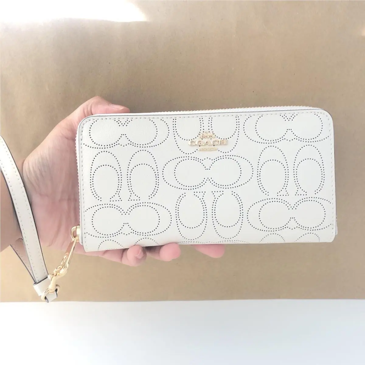 Coach Long Zip Around Wallet Chalk White Perforated Signature Leather