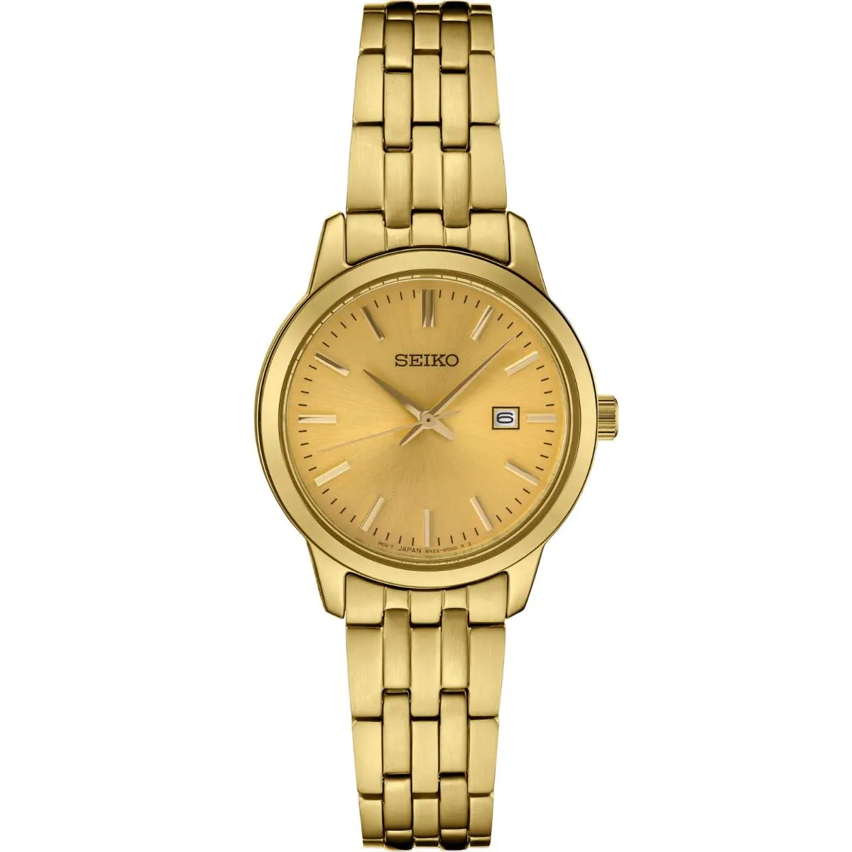 Seiko Essentials GP Quartz Champagne Dial Stainless Steel Women`s Watch SUR444 - Dial: Champagne, Band: Gold, Bezel: Gold
