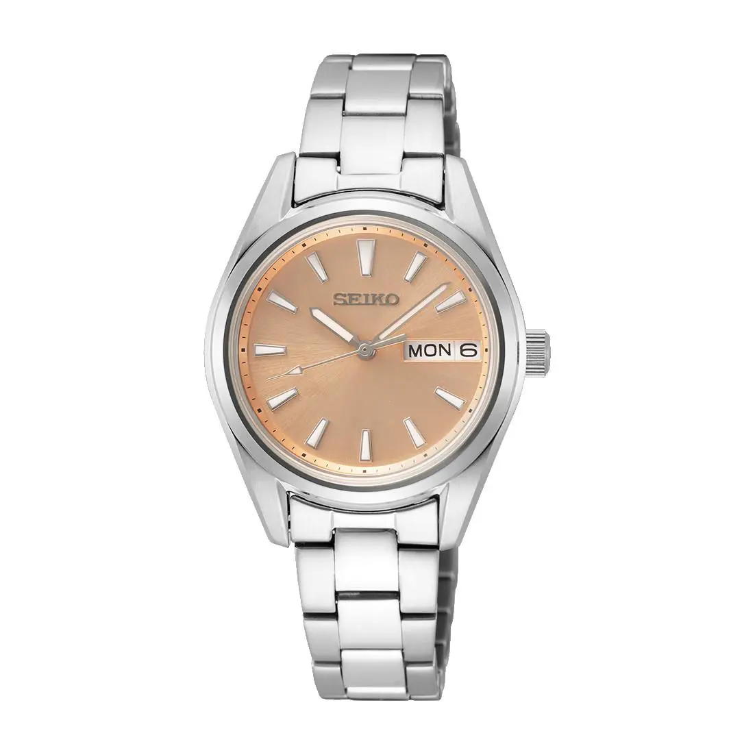 Seiko SUR351 Essentials 30 mm Steel Peach Dial Quartz Women`s Watch - Dial: Peach, Band: Silver, Bezel: Silver
