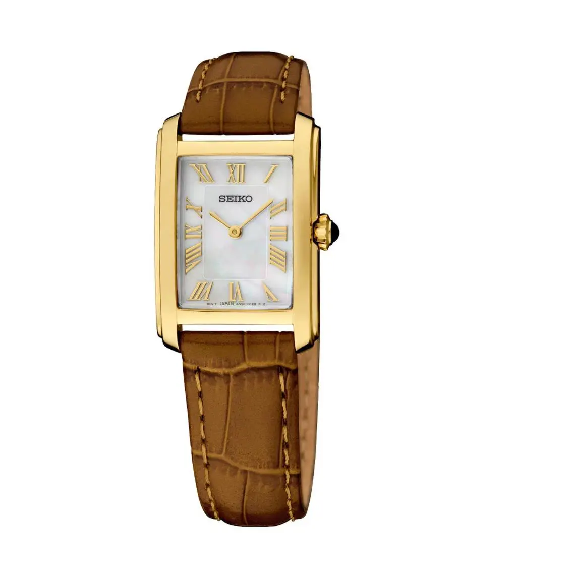 Seiko SWR100 Essentials Mop Gold Tone Steel Rectangle Quartz Women`s Watch - Dial: Mother of Pearl, Band: Brown, Bezel: Gold