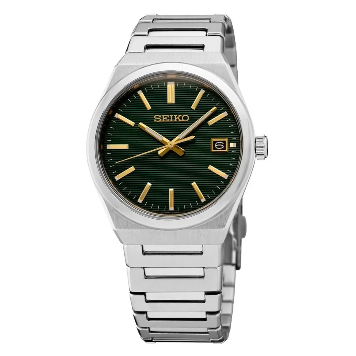 Seiko Essentials SUR601 39mm Green Pressed Dial Quartz Men Watch Vintage Retro - Dial: Gold, Green, Band: Silver, Bezel: Silver