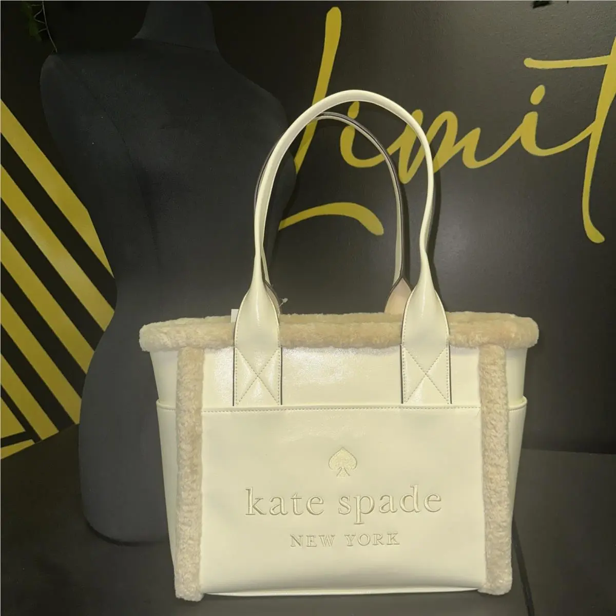 Jett Shearling Fur Winter White Meringue Logo Large Tote by Kate Spade