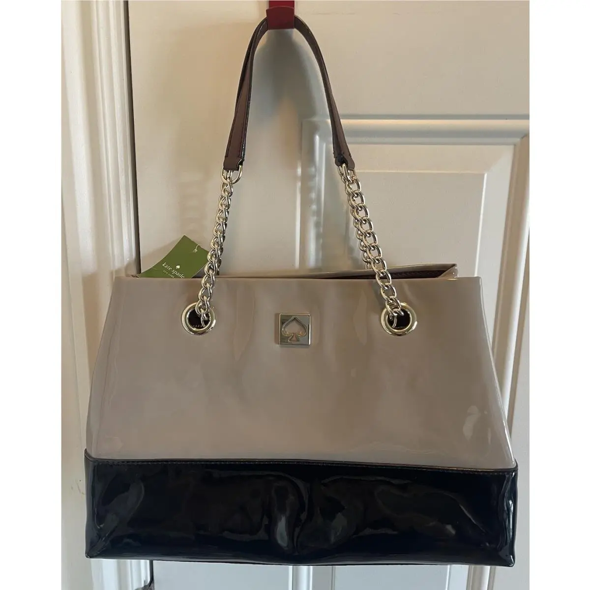 Kate Spade Black Beige Elena Patent Leather Chain Shoulder Bag New