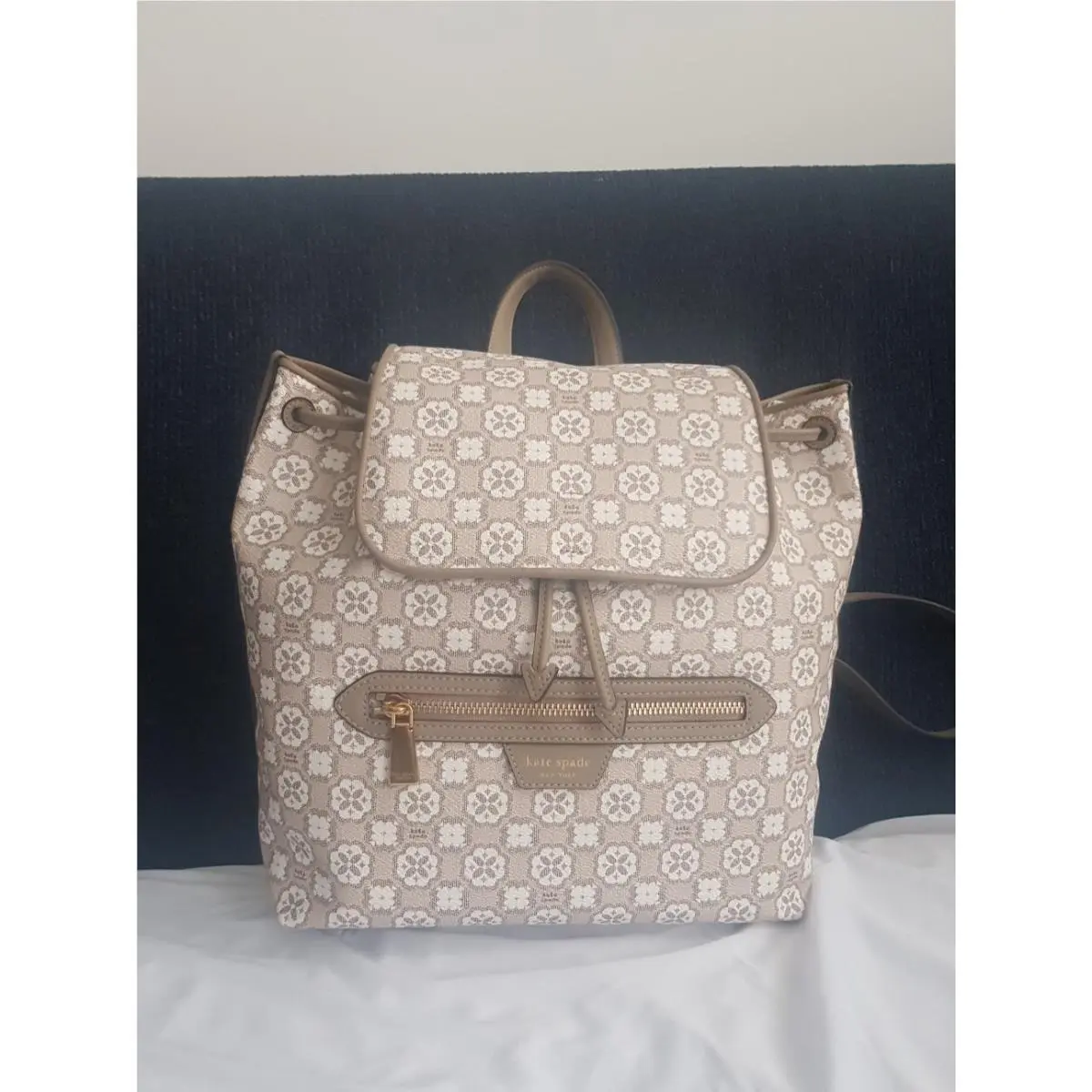 Kate Spade Flower Monogram Mia Flap Backpack Natural MU Taupe White