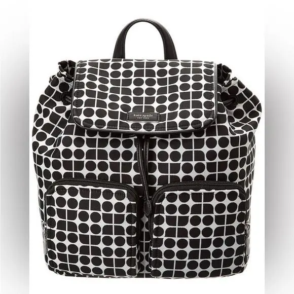 New Kate Spade Noel Black White Nylon Jacquard Drawstring Large Backpack Bag