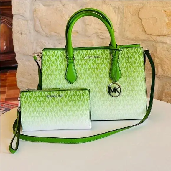 Michael Kors Sheila MD Satchel Handbag Crossbody + Wristlet Wallet Jungle Green