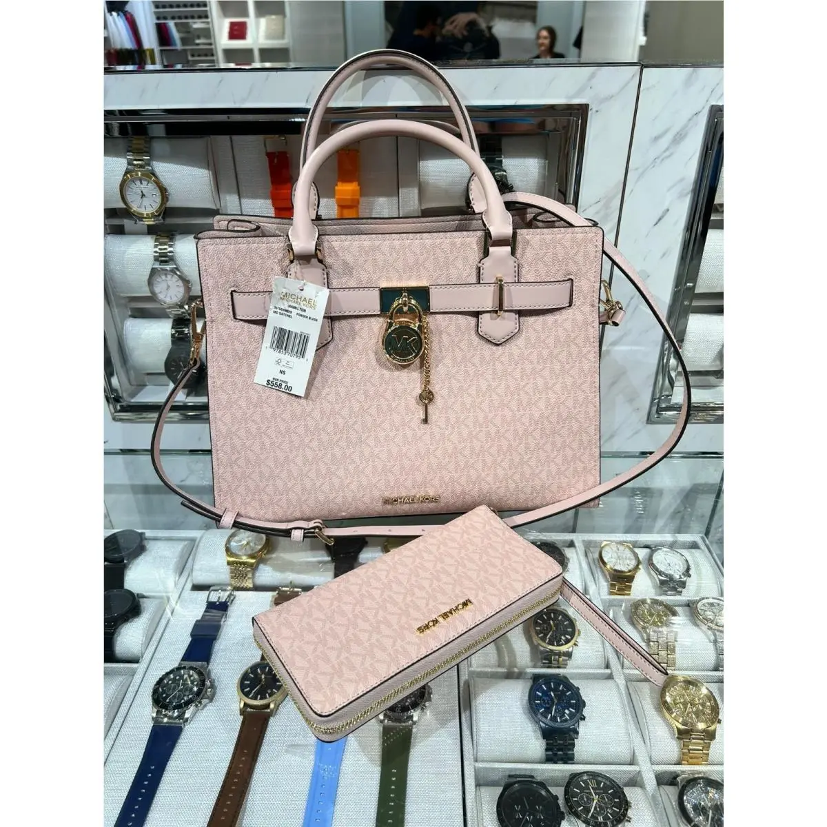 Michael Kors Hamilton Medium Handbag Satchel Bag + Long Zip Around Wallet Pink