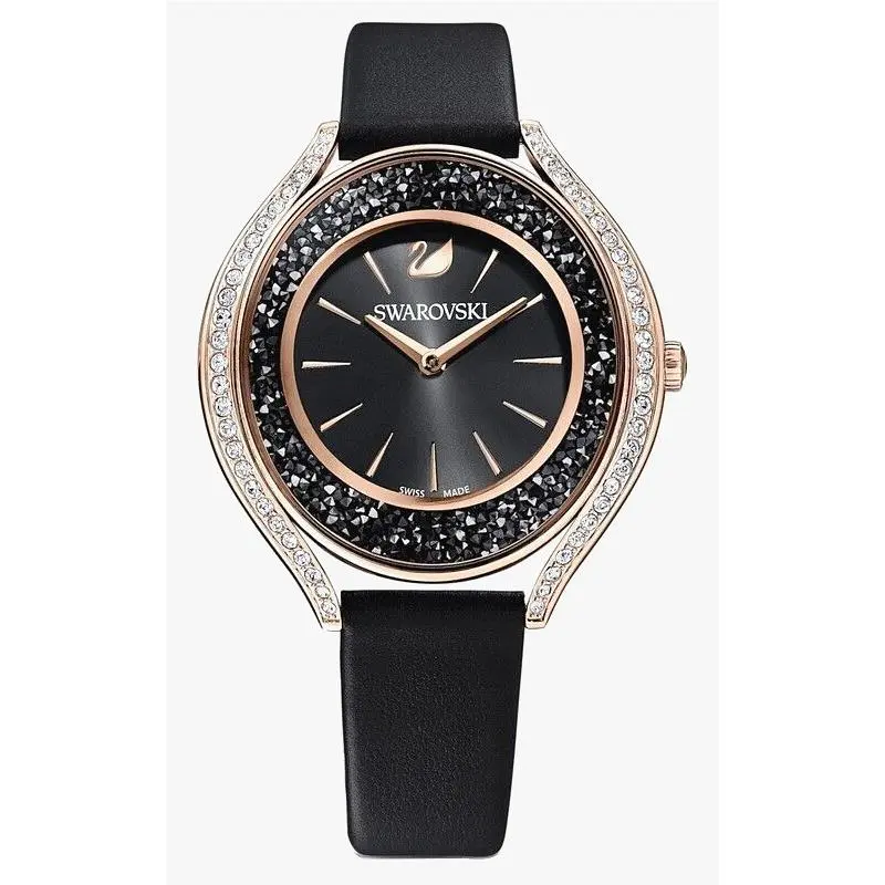 Swarovski 5558634 Crystalline Oval Rose Tone Black Dial Women`s Watch