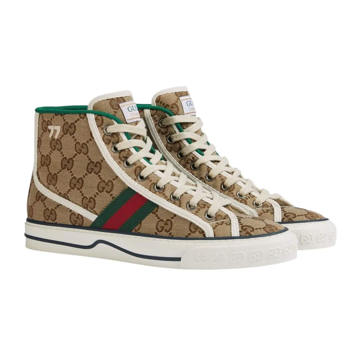 Men`s Gucci Beige Canvas Tennis 1977 GG High Top Sneakers 625807 - Beige