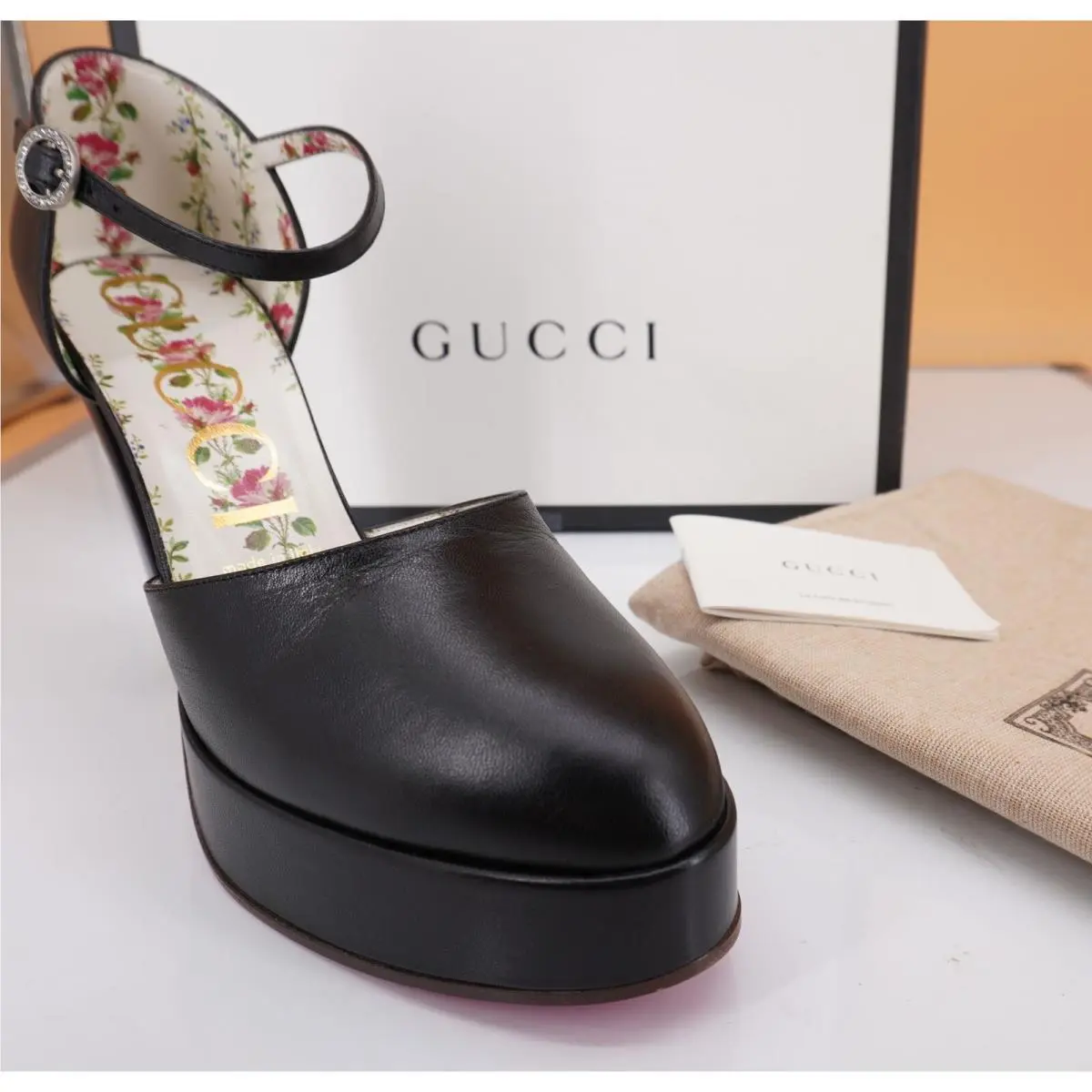 Agon Ankle Strap Black Leather Platform Pumps Size 38.5 Houston by Gucci