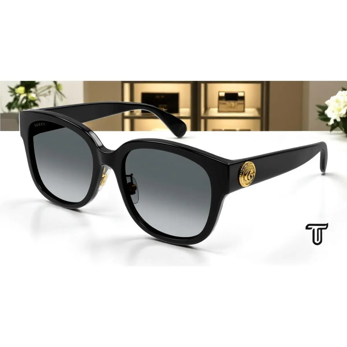 GG1409SK 001 Emblem Black Grey 55 mm Women`s Sunglasses by Gucci
