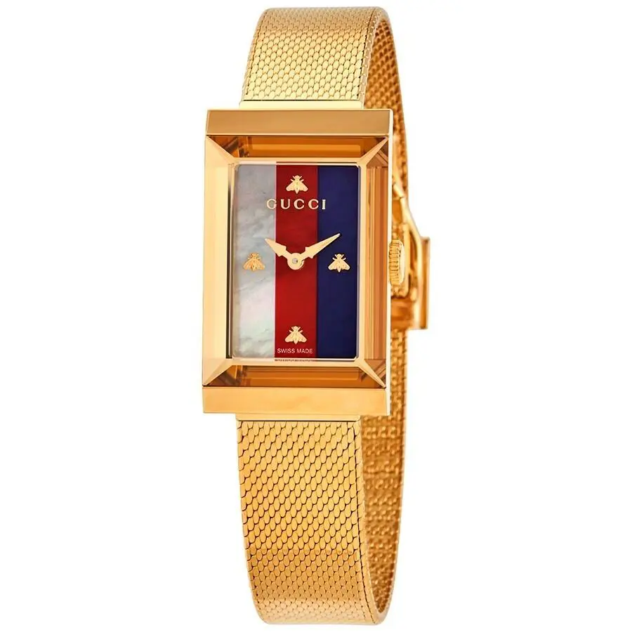 Gucci G-frame Gold Tone White Red Blue Web M.o.p Dial Ladies Watch YA147410 - Dial: Blue, Red, White, Band: Gold, Bezel: Gold