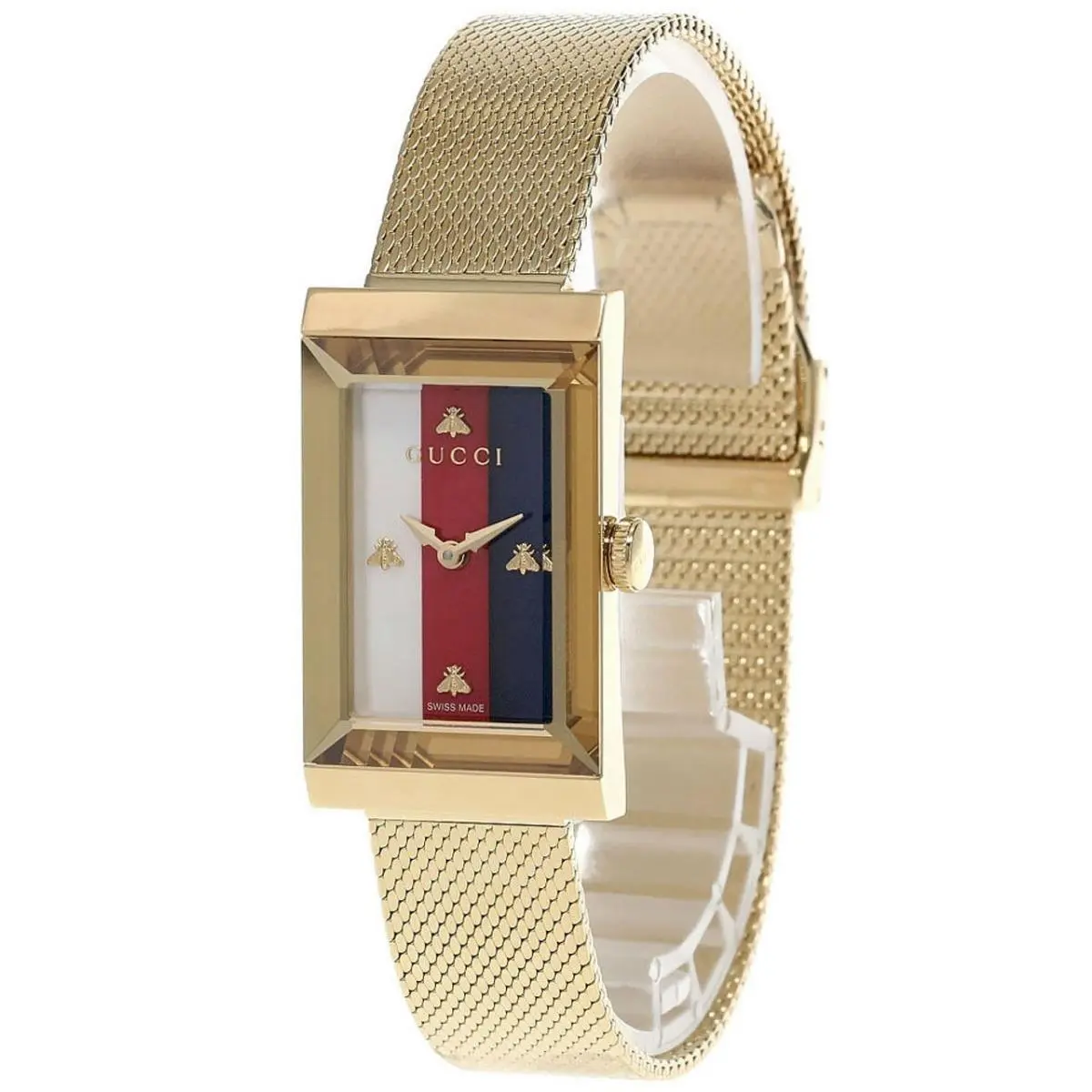 Gucci G-frame Gold Tone White Red Blue Web M.o.p Dial Ladies Watch YA147410