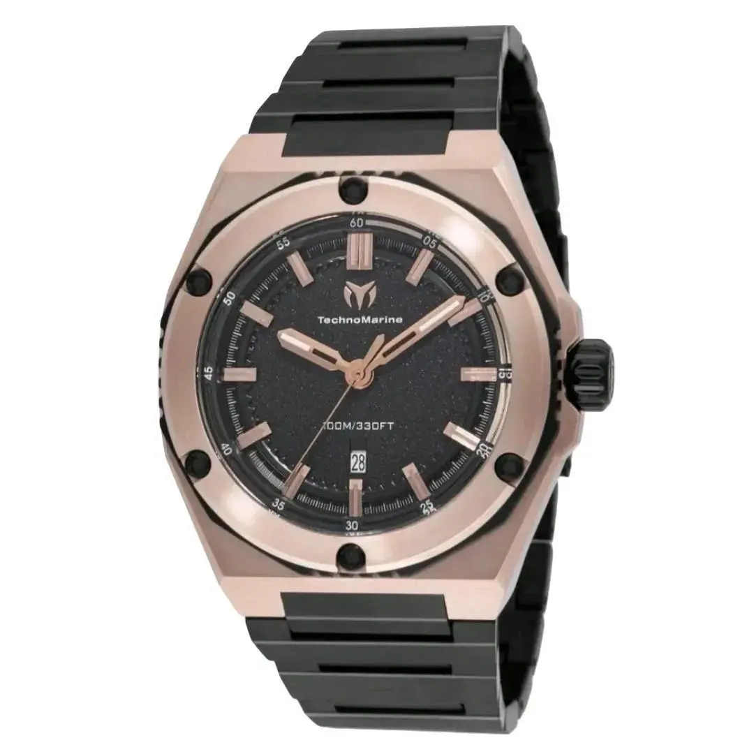 Technomarine Coral Legacy Men`s Chronograph Watch 45mm Rose Gold Black TM 416063 - Dial: Black, Band: Black, Bezel: Rose Gold