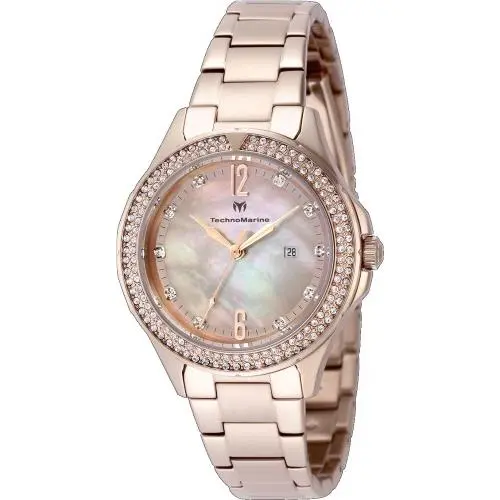 Technomarine Women`s Luna 33mm Watch TM-826009 - Dial: White, Band: Rose Gold Tone, Other Dial: Pink Mother-of-Pearl
