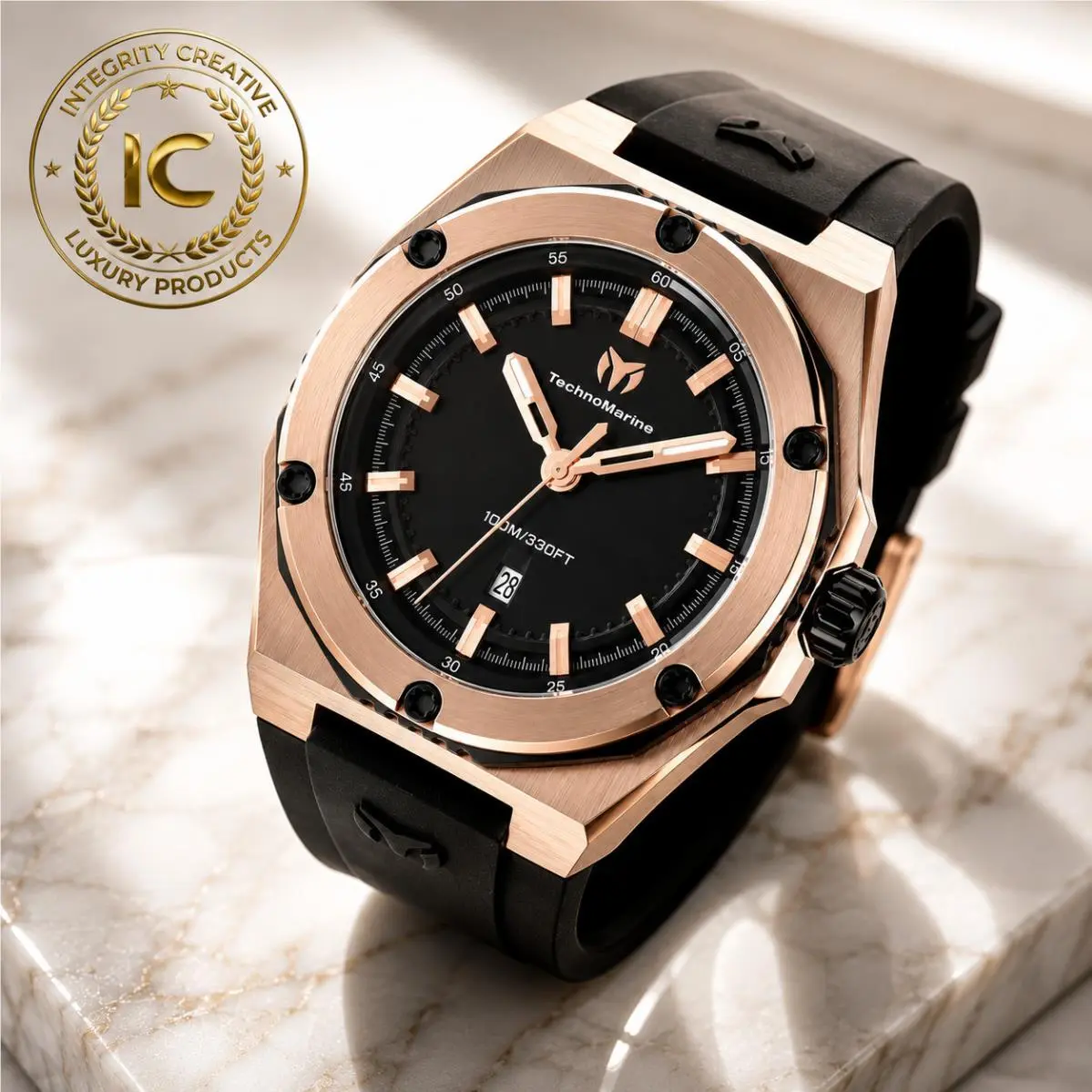 Technomarine Mens Sport Rose Gold Case Silicone Strap Quartz Black Dial Waterproof Wristwatch by TechnoMarine