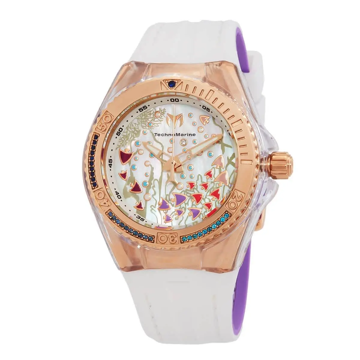 Technomarine Cruise Quartz Mop Dial Ladies Watch TM-119021 - Dial: Mother of Pearl, Band: White (Purple Back), Bezel: Rose Gold-tone