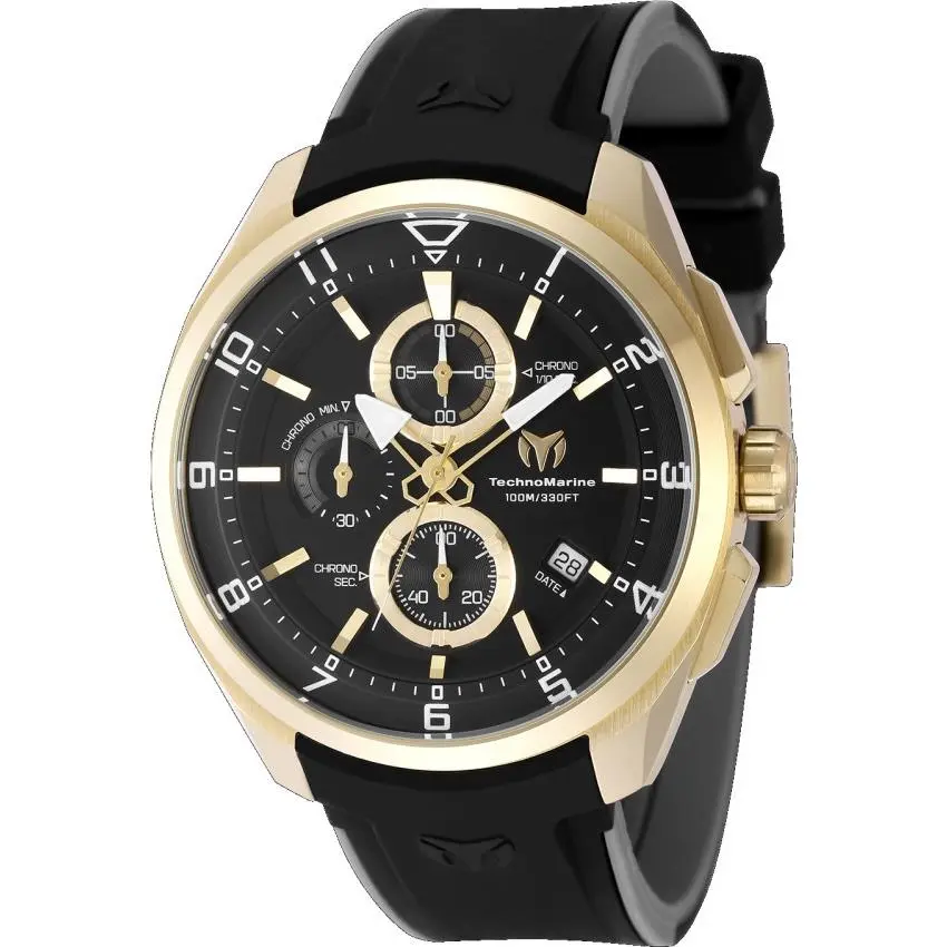 Technomarine Ocean Quantum Men`s 44mm Black Sport Chronograph Watch TM-318124 - Dial: Black, Gold, White, Yellow, Band: Black, Gray, Bezel: Gold, Yellow