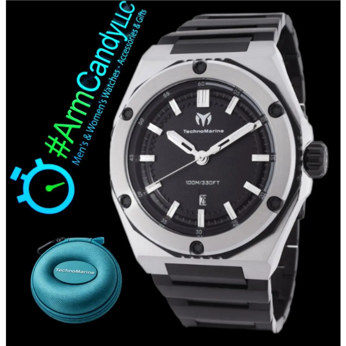 Technomarine Two-tone 45mm Men`s Techno Marine Coral Legacy Black Grey Free Travel Case - Dial: Black, Band: Black, Bezel: Black, Steel