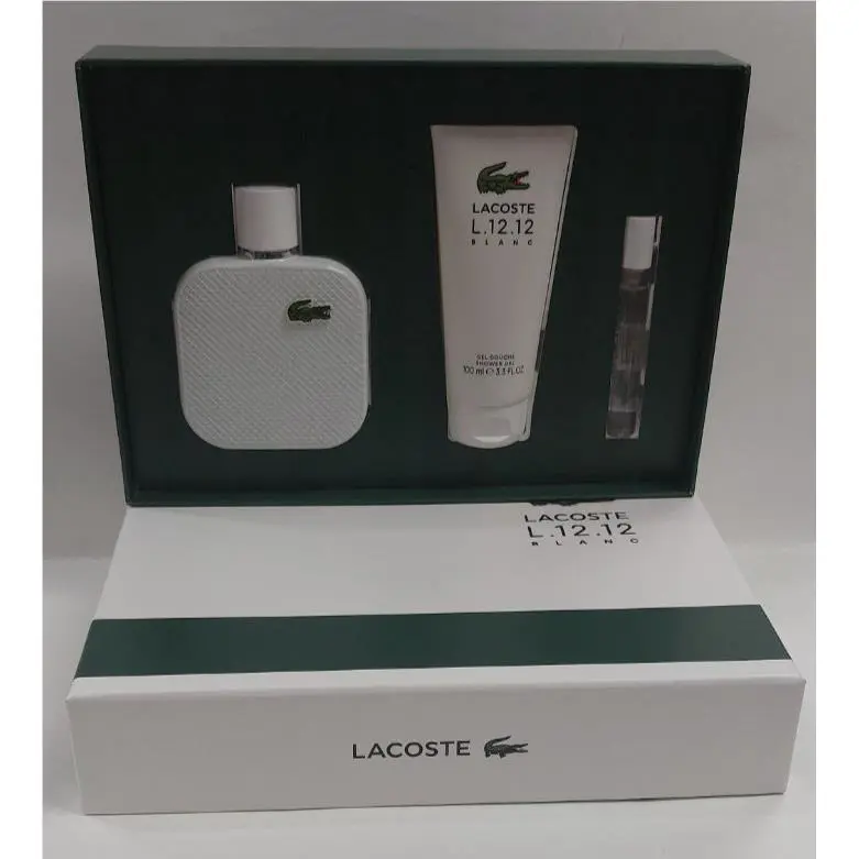 Lacoste Men`s L.12.12 Blanc 3pcs Set Edt Spray 3.3oz + 0.25oz Gel 3.3oz