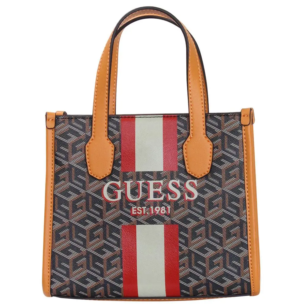 Women`s Silvana Mini Handbag 2-Compartment Pockets Tote Bag Black Logo/Cognac by Guess