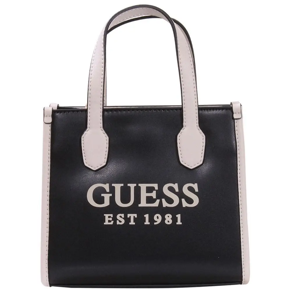 Women`s Silvana Mini Handbag 2-Compartment Pockets Tote Bag Black by Guess