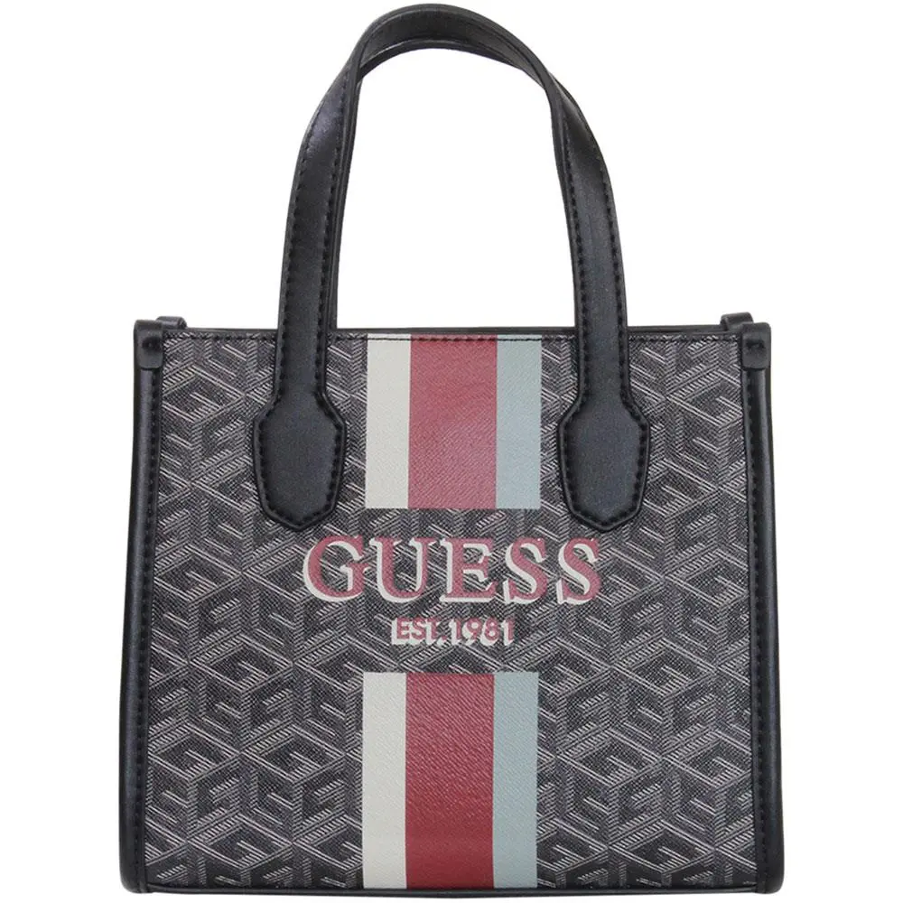 Women`s Silvana Mini Handbag 2-Compartment Pockets Tote Bag Charcoal Logo by Guess