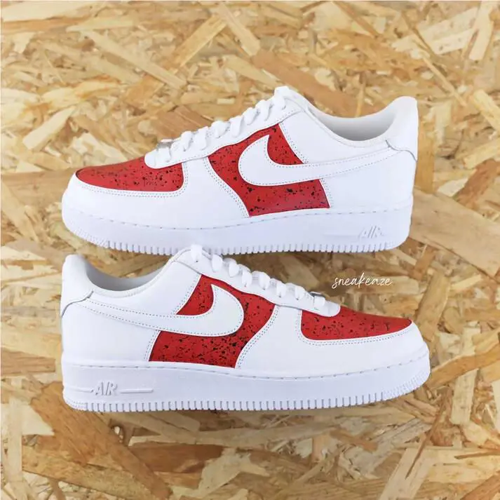 Nike Air Force 1 Custom White Shoes Red Toe Box Interior Black Splatter Pop Art