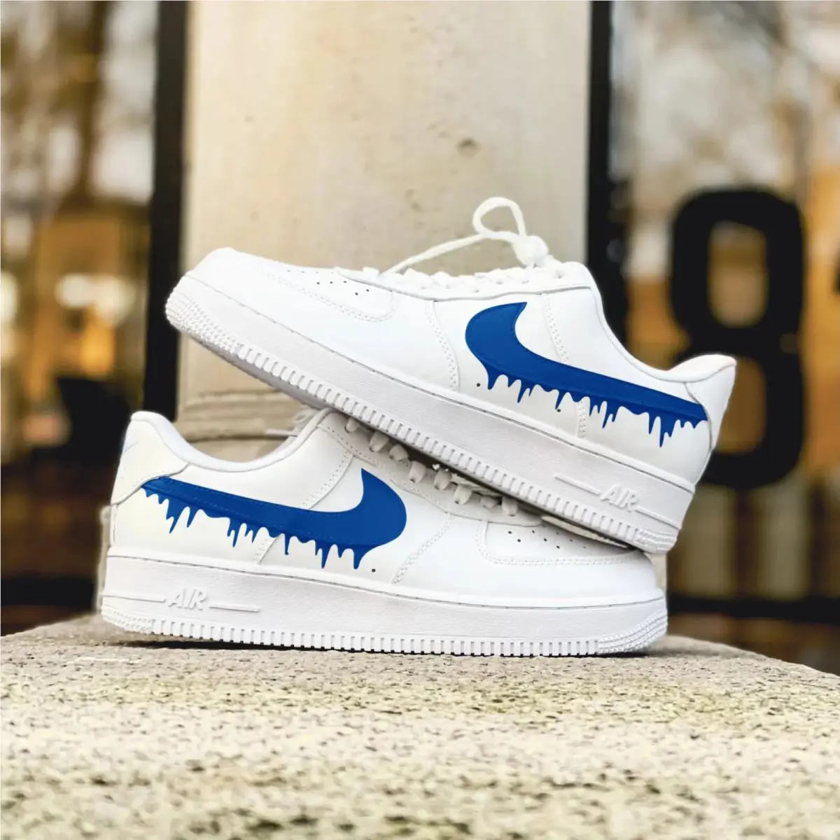 Nike Air Force 1 Custom White Shoes `blue Swoosh Drip Design` Street Art Design