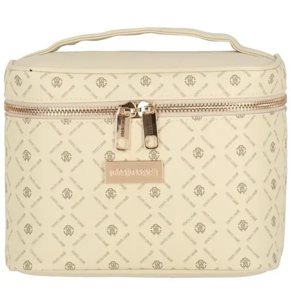 Roberto Cavalli Monogram Cream Cosmetic Toiletry Bag Train Case