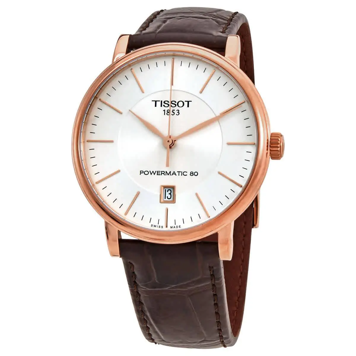 Tissot Carson Premium Powermatic 80 Automatic White Dial Men`s Watch - Dial: Silver, Band: Brown, Bezel: Pink