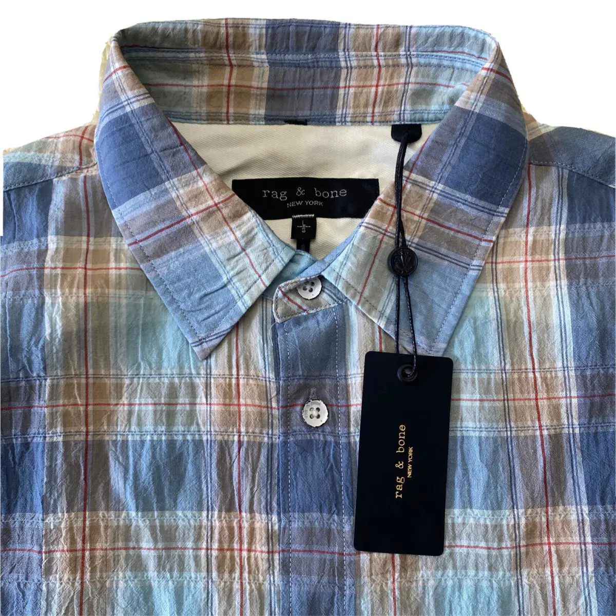 Rag Bone Gus Blue Plaid Crinkle Button Up Men’s Shirt Sz L TH