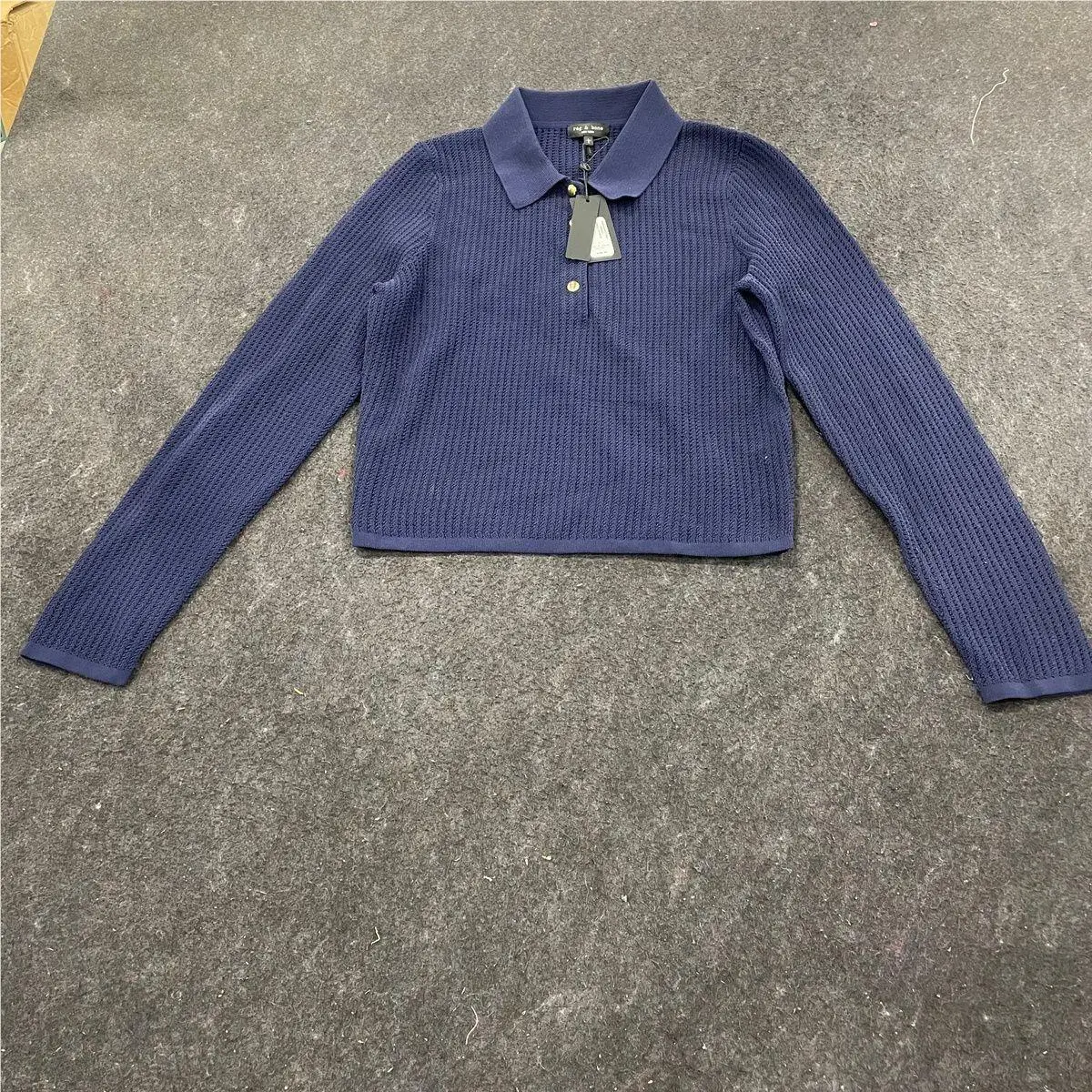 Rag Bone Viola Polo Sweater Women`s Size L Indigo WAS24H052TG52