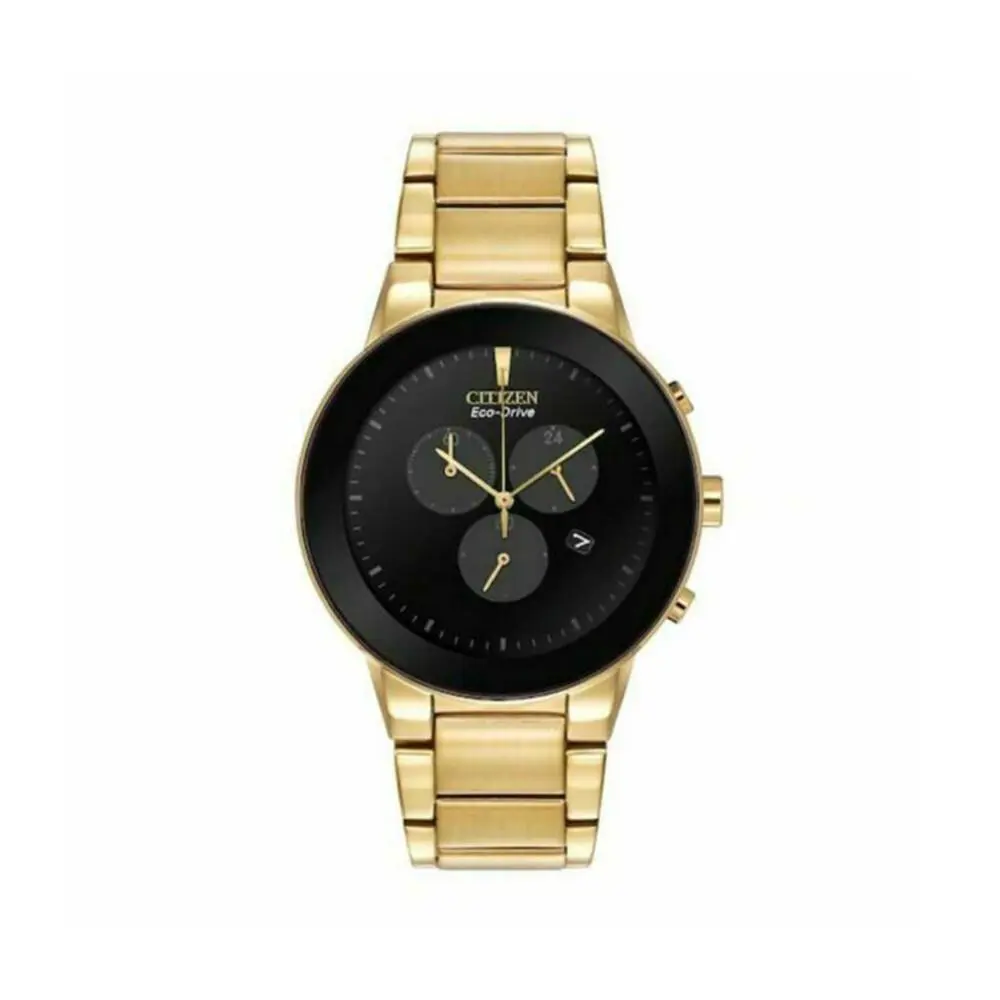 Citizen Mens Black Dial Gold Band Stainless Steel Quartz Watch - AT2242-55E - Dial: Black, Band: Gold, Bezel: Black, Gold