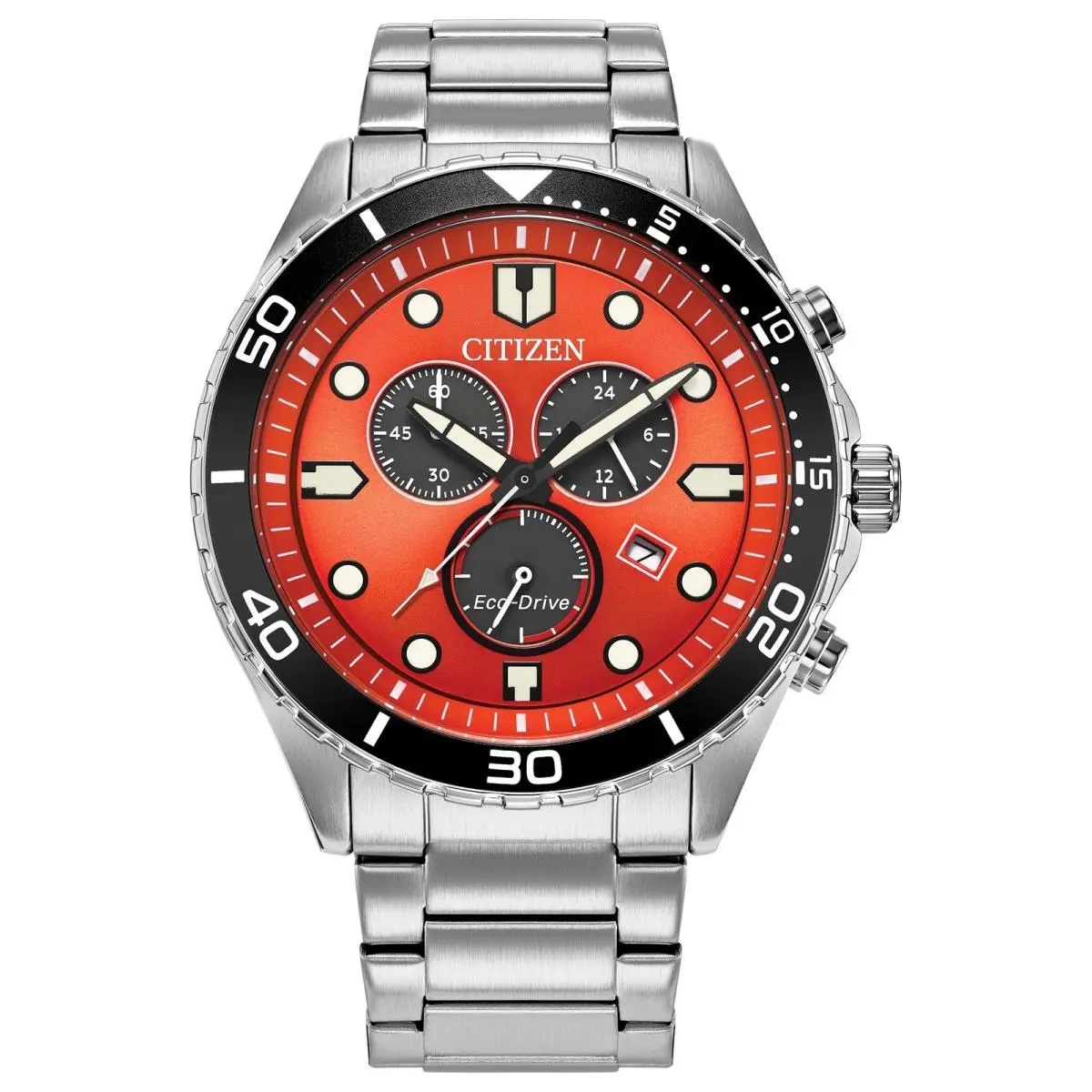 Citizen Men`s Sporty Aqua 43mm Solar Eco-drive Watch AT2560-84X - Dial: Orange, Band: Silver Tone, Other Dial: Orange