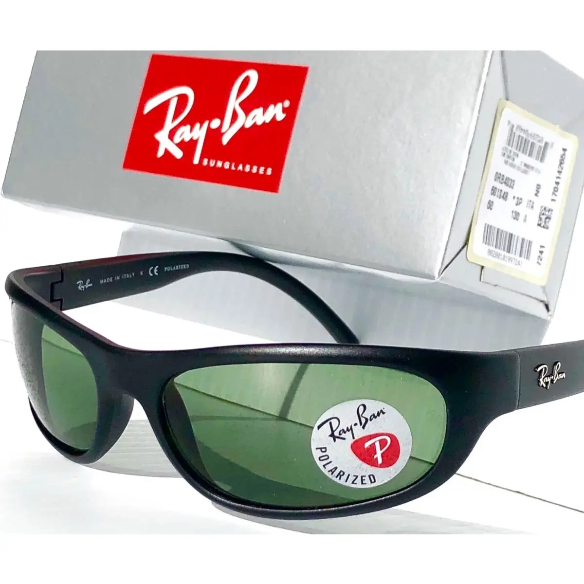 Ray Ban Sport Wrap Matte Black w Polarized Green Lens Sunglass RB4033