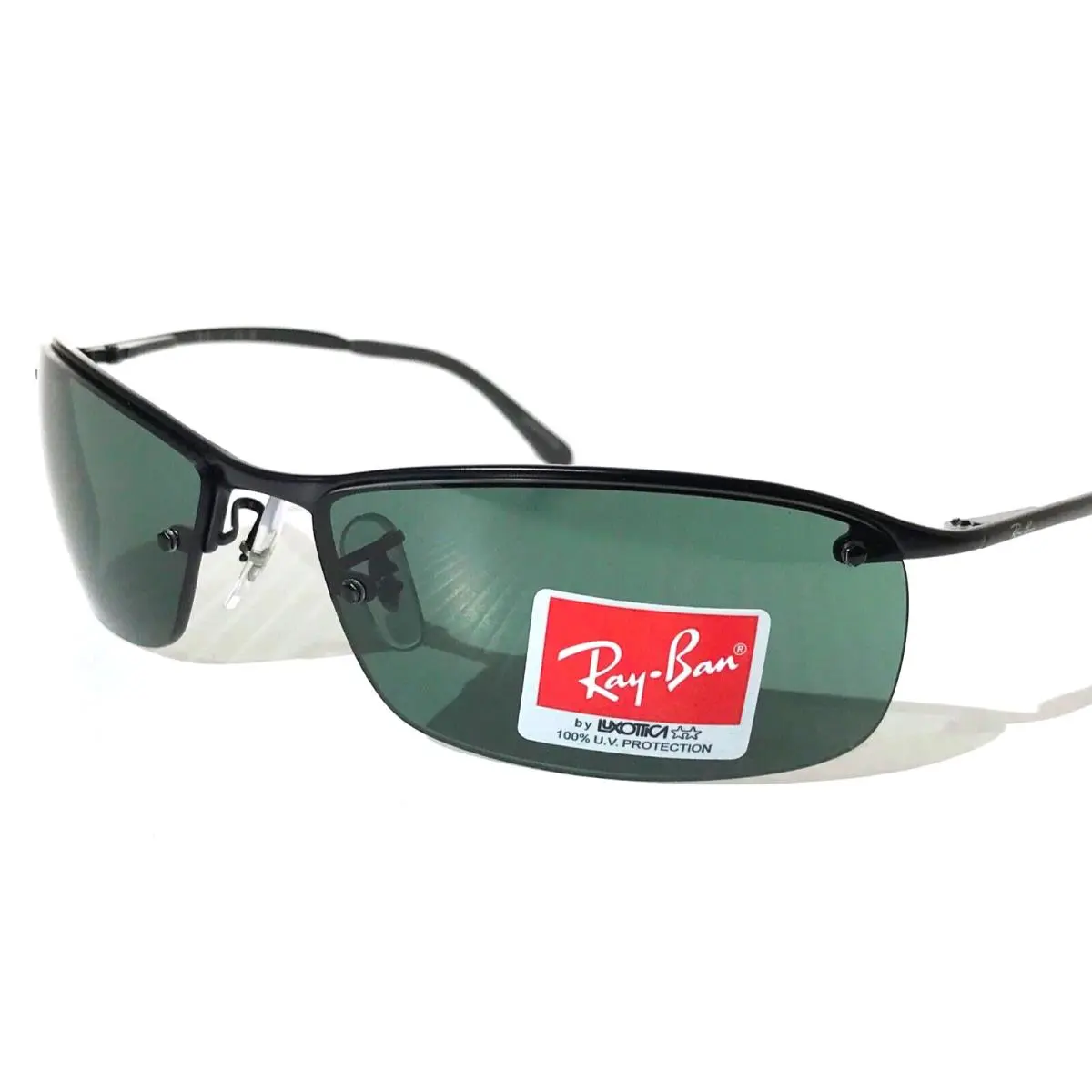 Ray Ban Shiny Black Semi-rimless Dark Green Lens Sunglass RB3183 006/71 by Ray-Ban