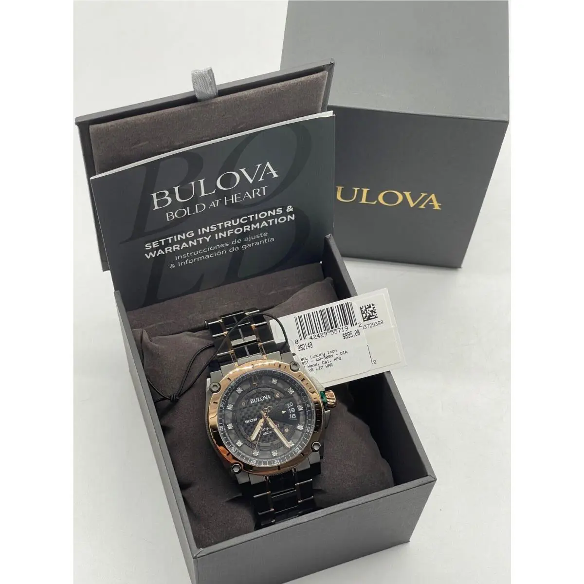 Bulova Precisionist Quartz Diamond Accent 2-Tone Black 46mm Watch Rose Gold