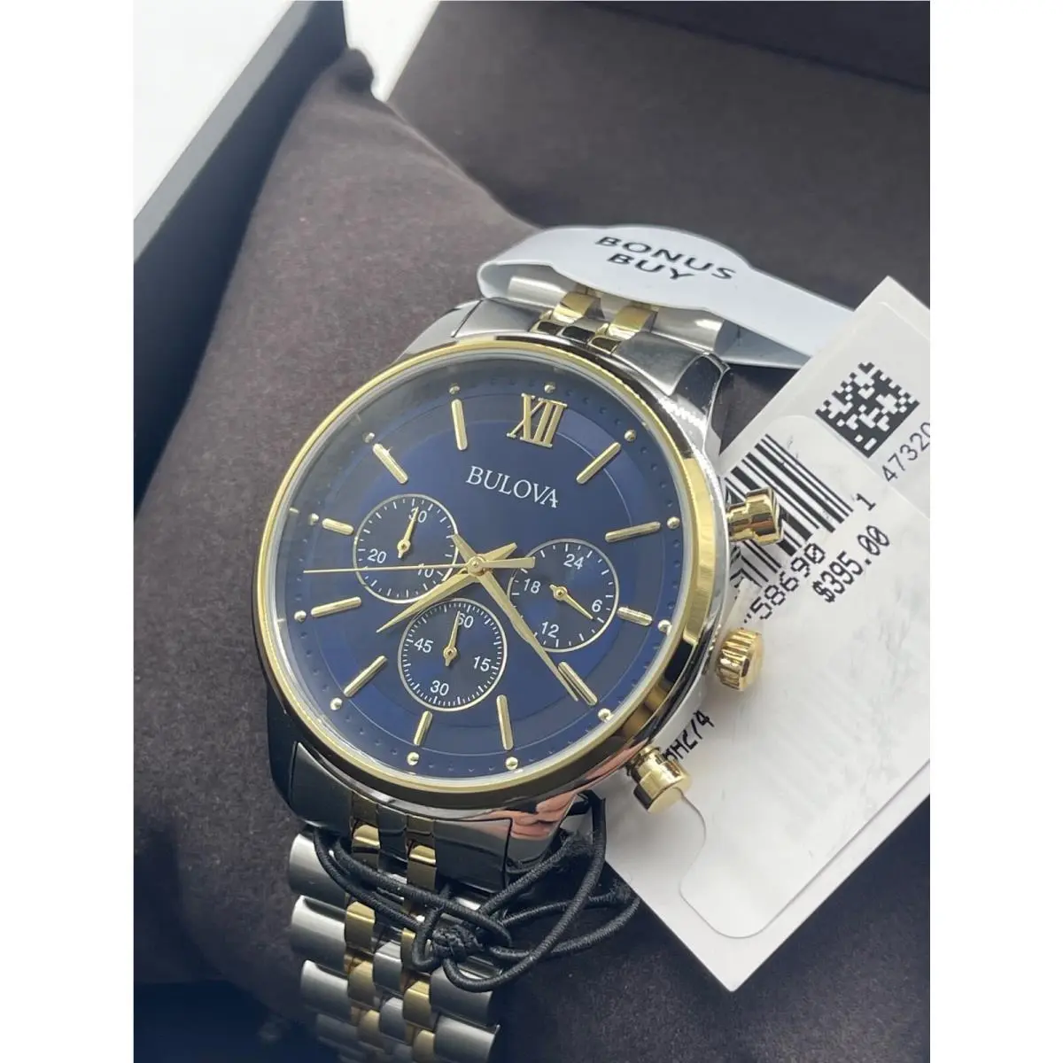$395Classic Bulova Chronograph Two Tone Stainless Steel Bracelet 98a274NEW