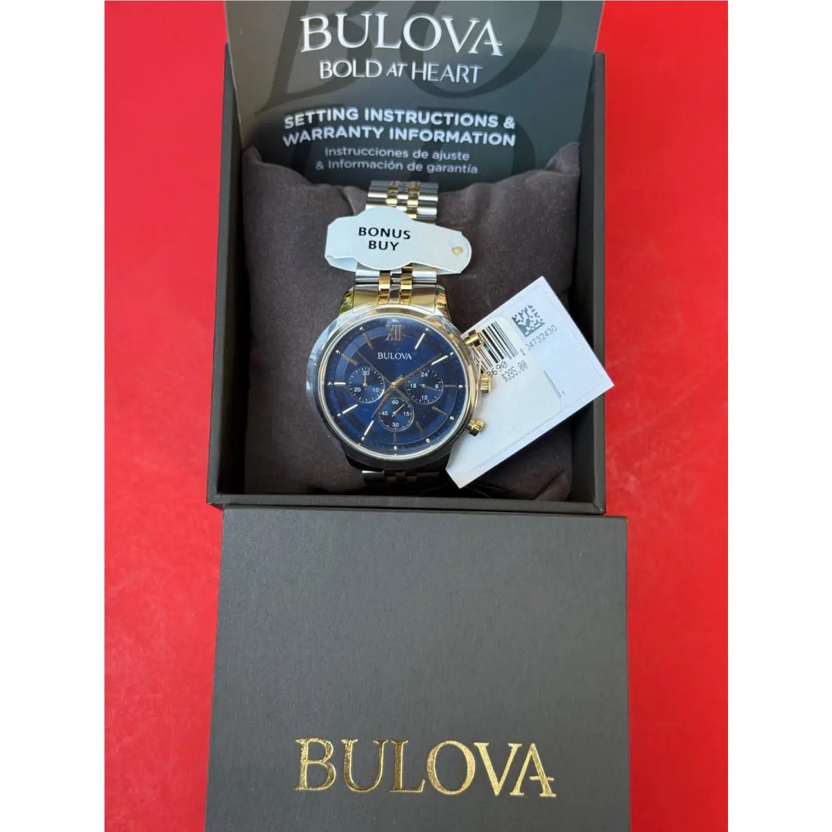 $395Classic Bulova Chronograph Two Tone Stainless Steel Bracelet 98a274NEW