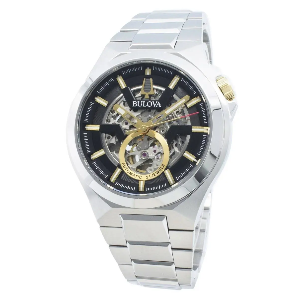 Bulova Maquina Black Skeleton Dial Automatic Sapphire 98A224 100M Mens Watch - Dial: Black, Band: Silver, Bezel: Silver
