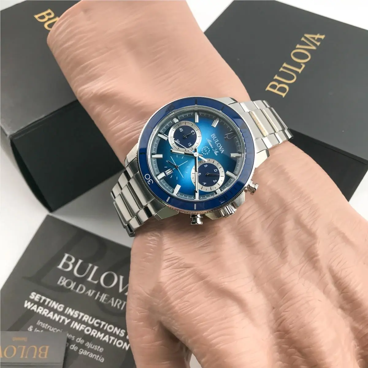 98B380 Men`s Chrono Blue Dial Marine Star Steel Bracelet Wristwatch 45mm by Bulova