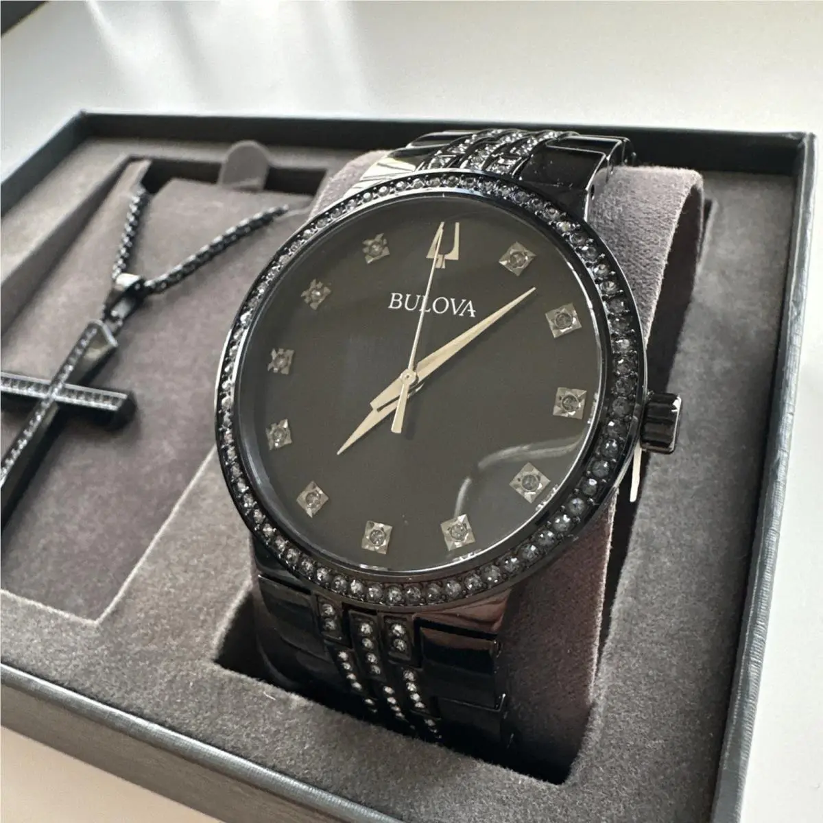 Bulova 98K116 Men`s Classic Box Set Crystal Accent Black Dial Watch and Necklace - Dial: Black, Band: Black
