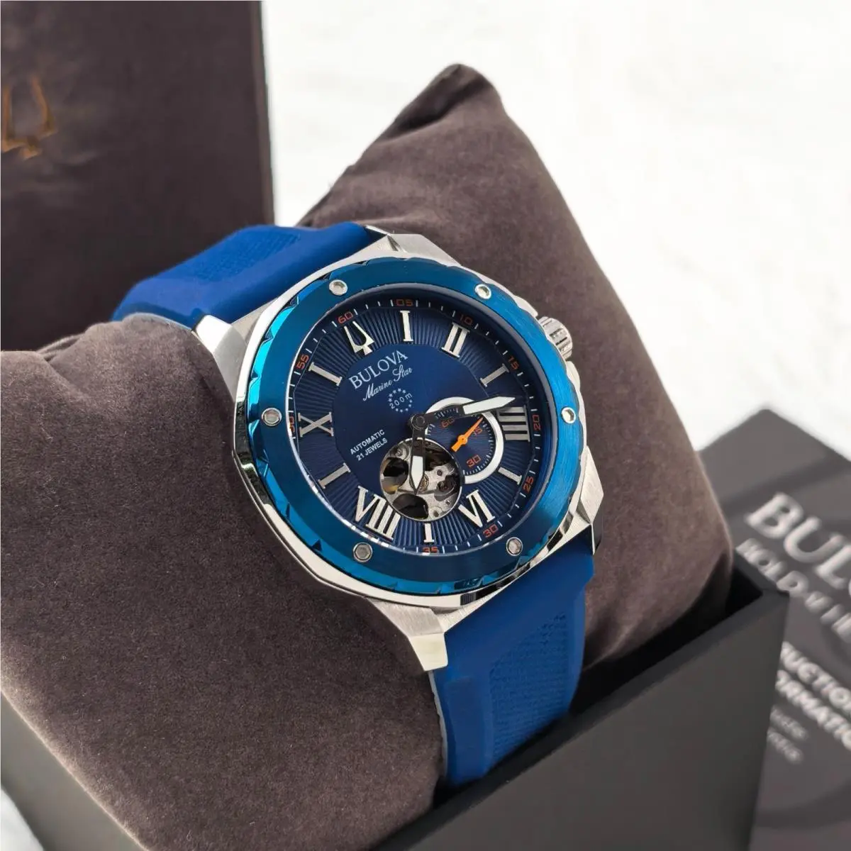 Marine Star 98A303 Men`s Automatic Blue Dial Rubber Strap Watch 44mm by Bulova