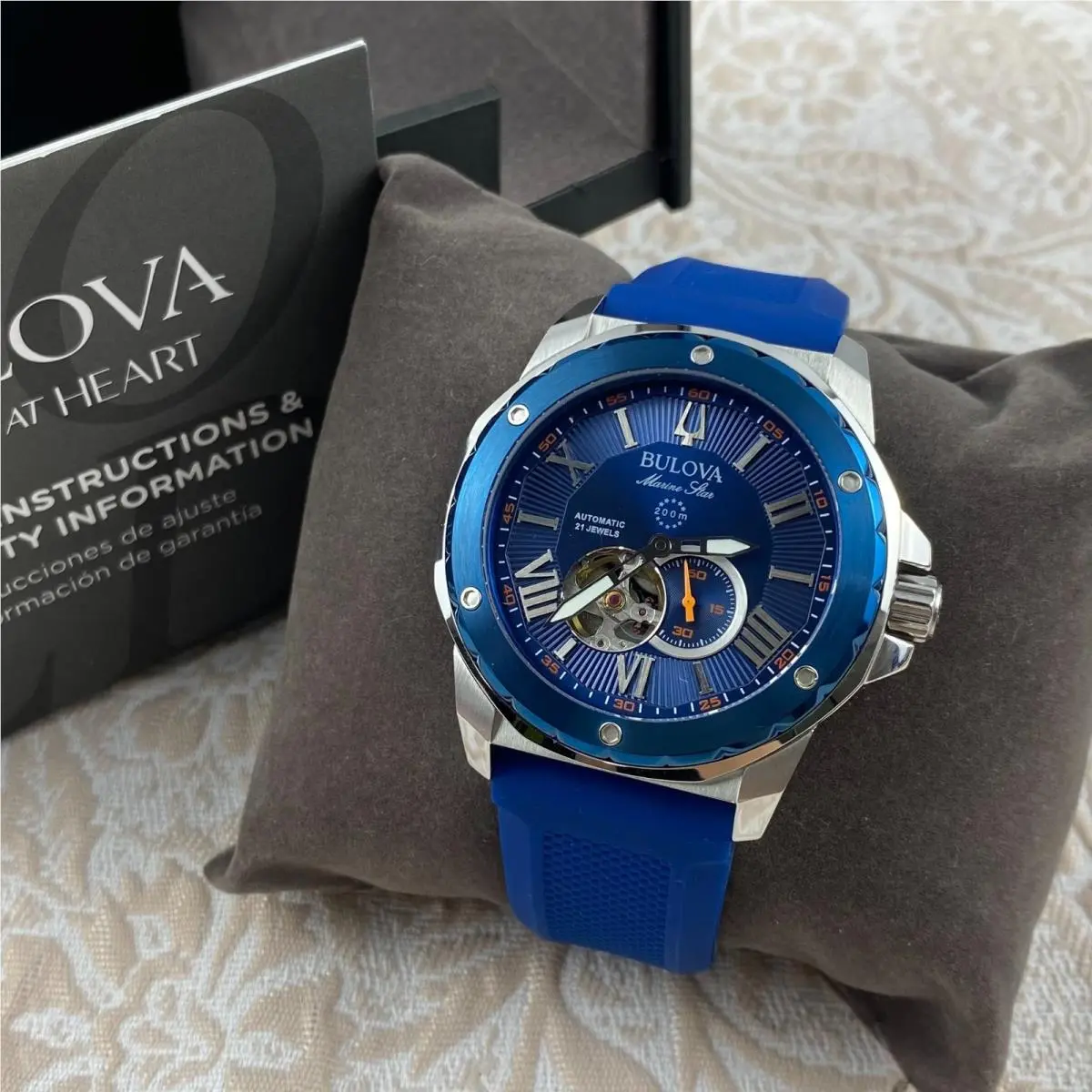 98A303 Marine Star Automatic Men`s Blue Dial Silicone Strap 45mm by Bulova