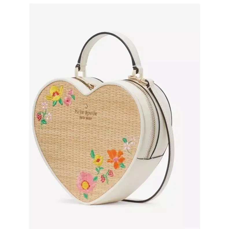 New Kate Spade Love Shack Rattan Heart Crossbody Flowers Embroidered Straw Purse